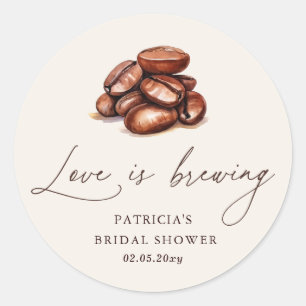Pegatina Redonda Ducha de Novia Granos de Café Love is Brewing
