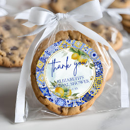 Pegatina Redonda Ducha de Novia Guión de Limones de Baldosa Azul Ag