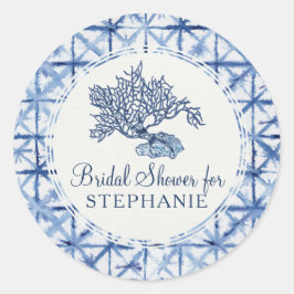 Pegatina Redonda Ducha de Novia Moderna de Verano en Azul Polvo y B