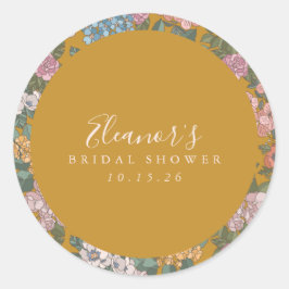 Pegatina Redonda Ducha de Novia Personalizada Amarilla Floral Vinta