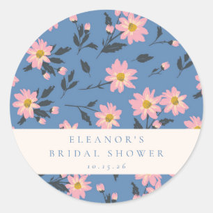 Pegatina Redonda Ducha de Novia Personalizada Jardín Floral Azul Vi