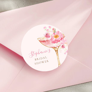 Pegatina Redonda Ducha de Novia Pétalos Rosados y Prosecco Floral