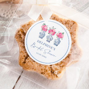 Pegatina Redonda Ducha de Novia Porcelana Chinoiserie Floral Rosa