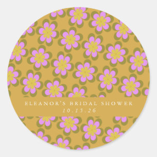Pegatina Redonda Ducha de Novia Retro Lindo Mod Floral Amarillo Per