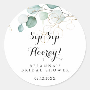 Pegatina Redonda Ducha de Novia Rústica Dorada Floral Sip Sip Hurra