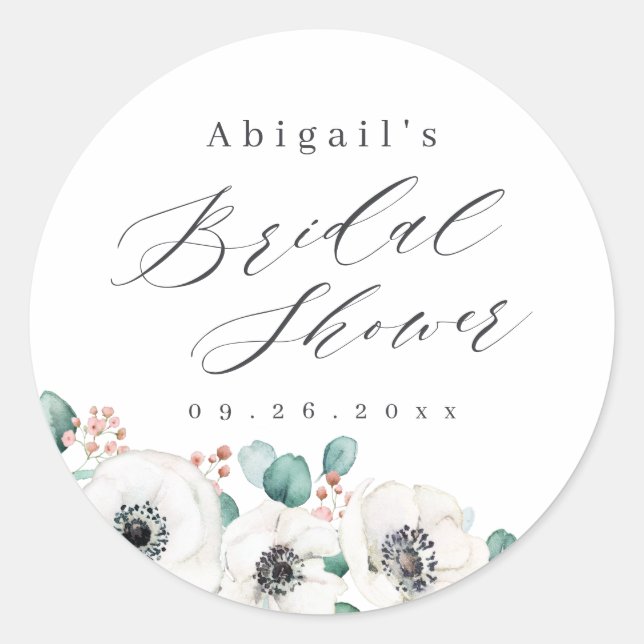 Pegatina Redonda Ducha de novia rústica floral Eucalyptus anemone (Anverso)