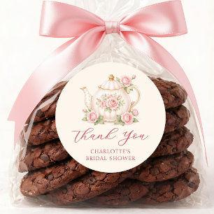Pegatina Redonda Ducha de Novia Tea Party Rosa Floral Gracias