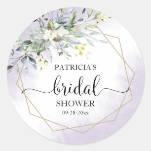 Pegatina Redonda Ducha de Novia Verde Geométrico Púrpura Lavanda