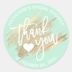 Pegatina Redonda Ducha de Novia Verde Menta Blanco Dorado Pincelada