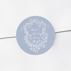 Pegatina Redonda Ducha de Novia Victoriana Francesa Clásica Azul Po