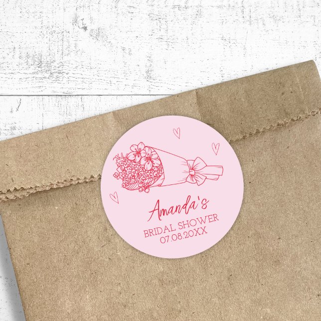 Pegatina Redonda Ducha de novias rosada y roja en el mercado de agr (Farmer's Market Pink & Red Scribble Bridal Shower Classic Round Sticker)