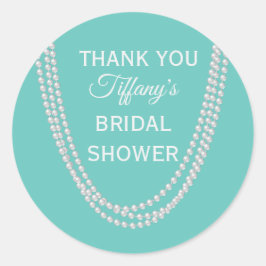 Pegatina Redonda Ducha de novias turquesa y perlas gracias blanco