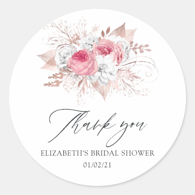 Pegatina Redonda Ducha dorada floral rosa y Rosa (Anverso)