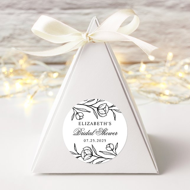 Pegatina Redonda Ducha esbozada floral negra y blanca para novias (Subido por el creador)