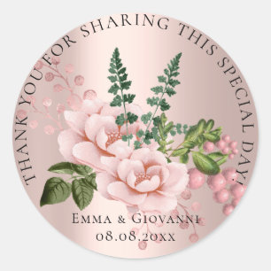 Pegatina Redonda Ducha nupcial 16ª Gracias Flor Rosa Verde