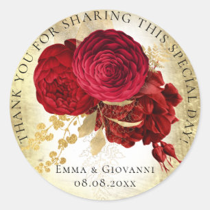 Pegatina Redonda Ducha nupcial 16ª Gracias Roses Rojos Florales Oro