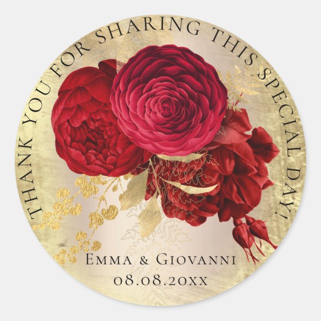 Pegatina Redonda Ducha nupcial 16ª Gracias Roses Roses Rojos Wreath (Anverso)