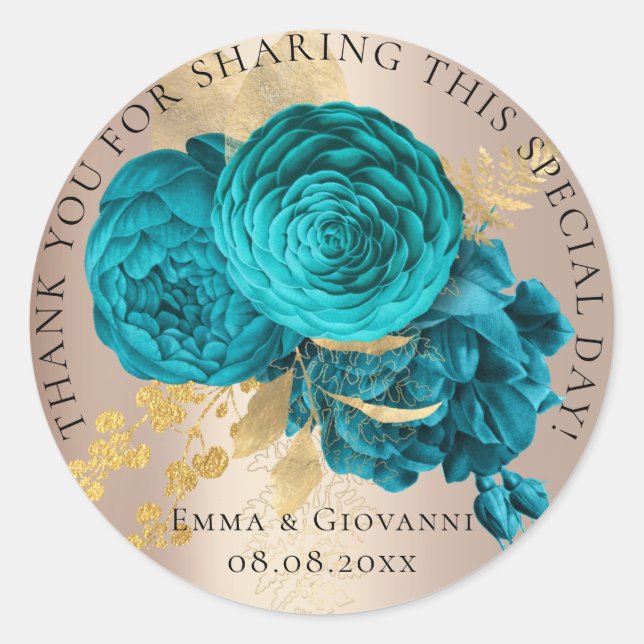 Pegatina Redonda Ducha nupcial 16.ª gracias a las flores Verde azul (Anverso)