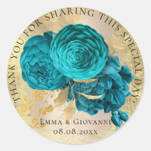 Pegatina Redonda Ducha nupcial 16.ª gracias Rosa de oro Verde azula