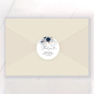 Pegatina Redonda Ducha nupcial azul y agitada Rosa de la Marina