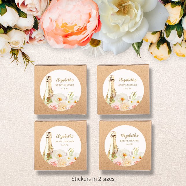 Pegatina Redonda Ducha nupcial con flores de bronce y burbuja (Brunch & Bubbly blush floral bridal shower small round stickers - choose 1-1/2" or 3" )