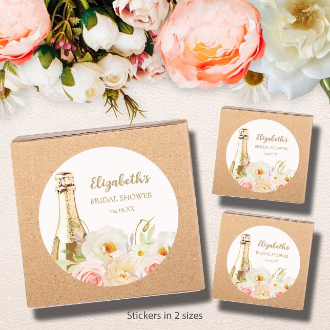 Pegatina Redonda Ducha nupcial con flores de bronce y burbuja (Brunch & Bubbly blush floral bridal shower round stickers - choose 1-1/2" or 3" )