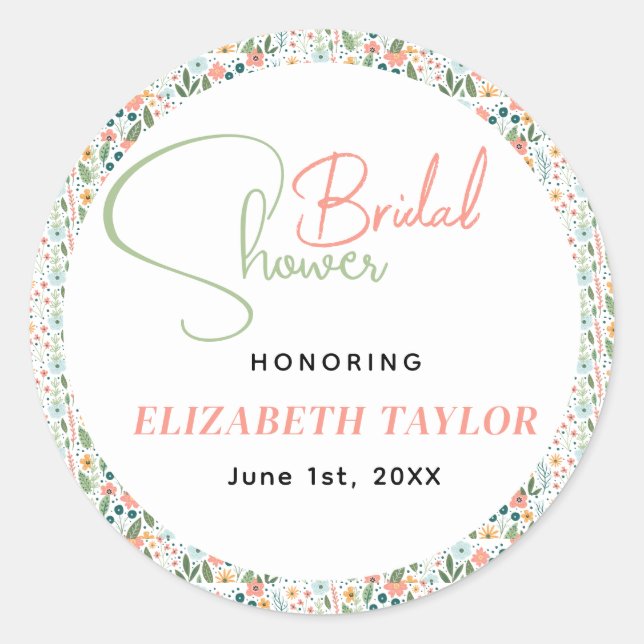 Pegatina Redonda Ducha Nupcial de Flor Retro Adorable  (Anverso)