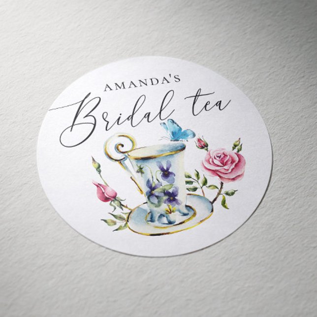 Pegatina Redonda Ducha nupcial de Rosa y mariposa | Fiesta del té f (Subido por el creador)