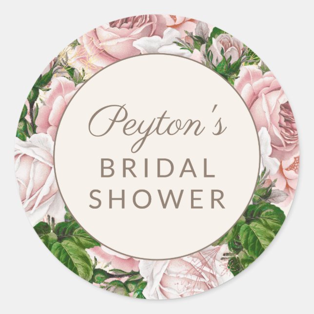 Pegatina Redonda Ducha nupcial de Rubor Pink Floral (Anverso)