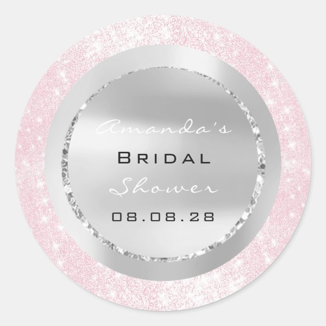 Pegatina Redonda Ducha nupcial Dulce 16ª Purpurina Chispa Rosa Gris (Anverso)