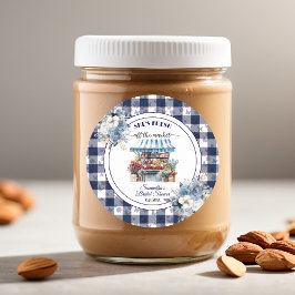 Pegatina Redonda Ducha Nupcial Floral Gingham Azul Fuera del Mercad