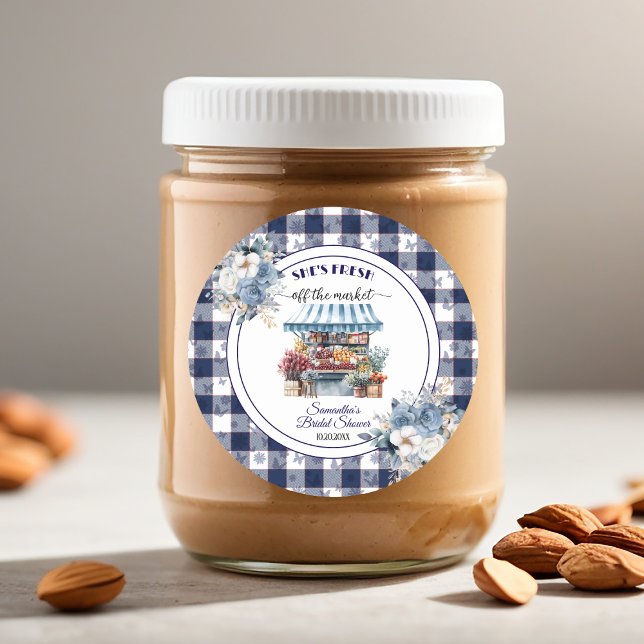 Pegatina Redonda Ducha Nupcial Floral Gingham Azul Fuera del Mercad (Subido por el creador)