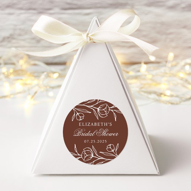 Pegatina Redonda Ducha nupcial floral marrón esbozada (Subido por el creador)