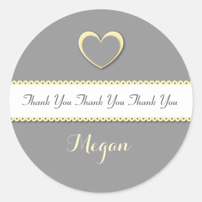 Pegatina Redonda Ducha nupcial Gracias AMARILLO y GRIS V014 (Anverso)