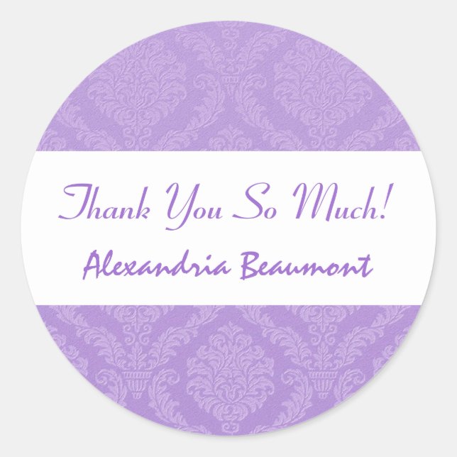 Pegatina Redonda Ducha nupcial Gracias Lavender Purple Damask V59 (Anverso)