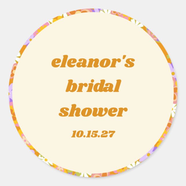 Pegatina Redonda Ducha Nupcial Retro Naranja Floral Púrpura Persona (Anverso)