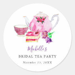 Pegatina Redonda Ducha nupcial Tea Fiesta Tetera Púrpura