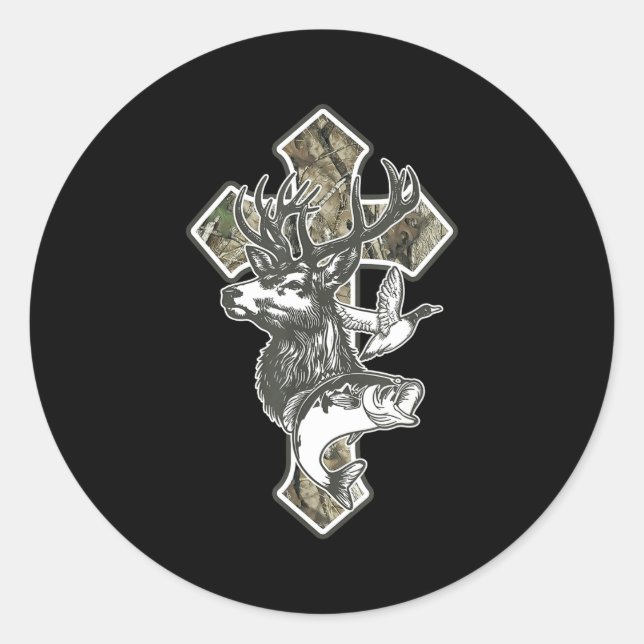 Pegatina Redonda Duck Deer Dove Camo Cross Christian Hello Hunting  (Anverso)