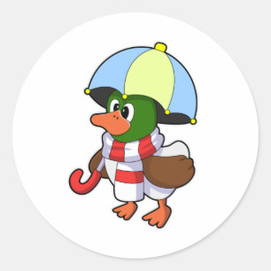 Pegatina Redonda Duck en Lluvia con paraguas