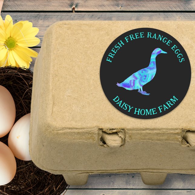 Pegatina Redonda Duck Fresco Huevos Negocio moderno (Fresh free range duck egg box stickers colorful cool duck with personalized business name )