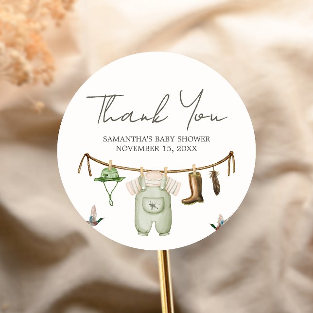 Pegatina Redonda Duck Hunting Baby Shower (Little Hunter Duck Baby Shower Sticker)