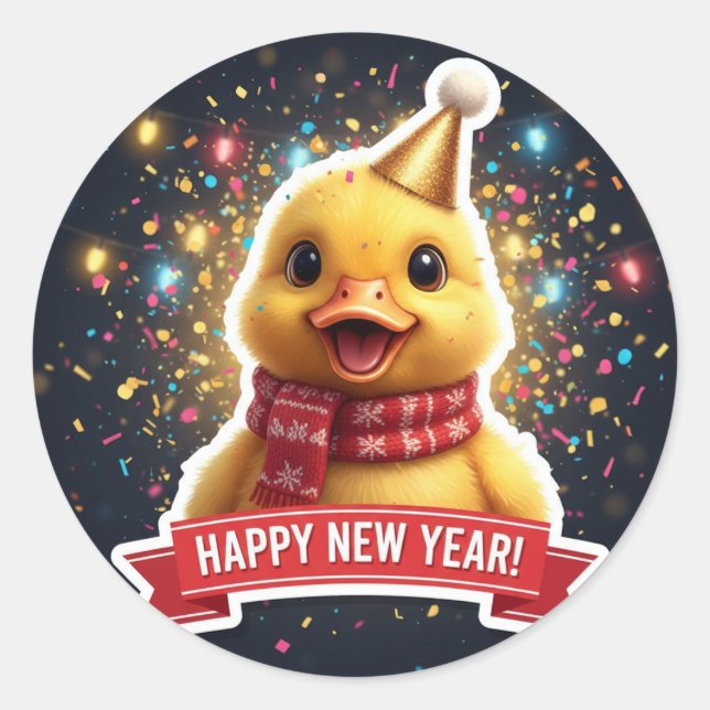 Pegatina Redonda Duckling New Year Celebration Sticker (Anverso)
