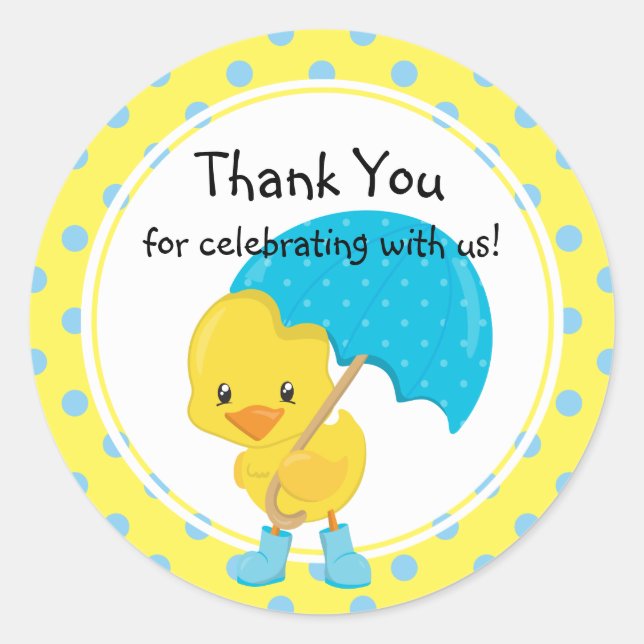 Pegatina Redonda Ducky con Umbrella Baby Shower Gracias (Anverso)