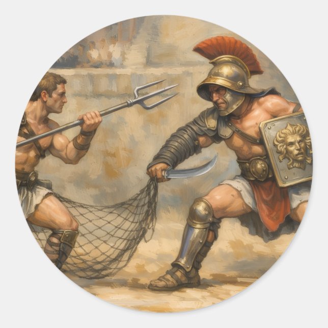 Pegatina Redonda Duelo de Gladiadores Romanos (Anverso)