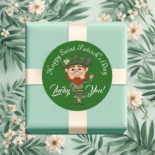 Pegatina Redonda Duende afortunado elfo Feliz día de San Patricio