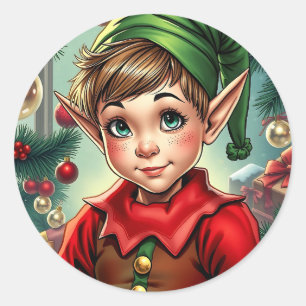 Pegatina Redonda Duende de Dibujos Animados Caprichoso Navidad