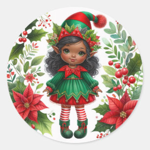 Pegatina Redonda Duende de Navidad con Piel Morena Fiesta