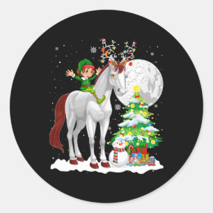 Pegatina Redonda Duende de Navidad montando reno caballo de nieve N