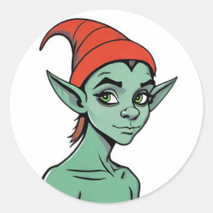 Pegatina Redonda Duende Verde Travieso / Personaje de Dibujos Anima