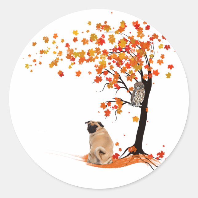 Pegatina Redonda Dueño De Pug Owl Y Fall Tree Pug Funny Pug Otoño (Anverso)